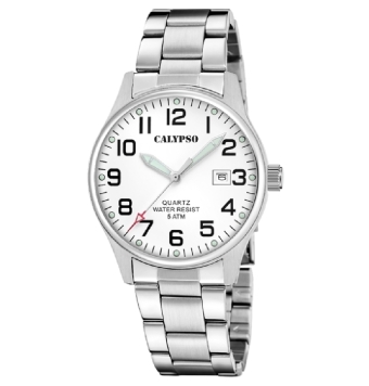 RELOJ CALYPSO ANALÓGICO HOMBRE CAJA DE ACERO 39.5 MILÍMETROS ESFERA BLANCA CADENA DE ACERO AJUSTABLE