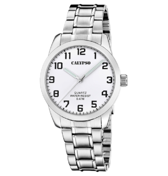 RELOJ CALYPSO ANALÓGICO HOMBRE CAJA DE ACERO DE 39 MILÍMETROS ESFERA BLANA CADENA DE ACERO AJUSTABLE