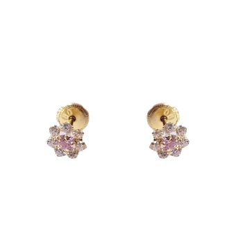 PENDIENTES BEBÈ/NIÑA ORO AMARILLO 18 KILATES FLOR 6 MM CIRCONITAS BLANCAS Y ROSA EN CENTRO CIERRE TORNILLO