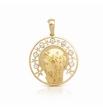 COLGANTE MEDALLA VIRGEN NIÑA COMUNIÓN ORO AMARILLO 18 KILATES REDONDA 18 MILÍMETROS ACABADO PULIDO TALLADO ESTRELLITAS Y MATE CO