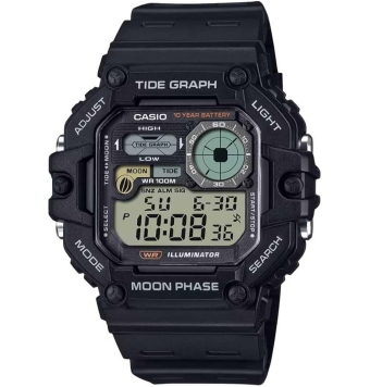 RELOJ CASIO DIGITAL HOMBRE CORREA CAUCHO NEGRA CAJA RESINA NEGRA 52.5 × 48.6 × 15.2 mm LUZ LED HORA DUAL DATOS LUNA