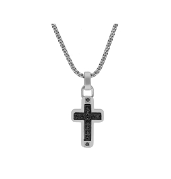 COLLAR LISKA HOMBRE ACERO CADENA ROLÓ 1.7 MILÍMETROS COLGANTE CRUZ 12X19 MILÍMETROS ACERO IP NEGRO CIRCONITAS NEGRAS LARGO 60 CE