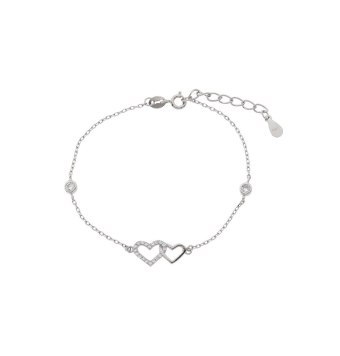 PULSERA MUJER PLATA DE LEY 925 BAÑO DE RODIO DOBLE CARAZÓN CIRCONITAS Y LISO ESLABÓN FORZADO CON DOS PIEDRAS BLANCAS LARGO 17+3