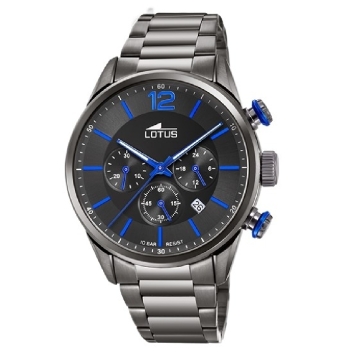 RELOJ LOTUS ANALÓGICO CRONÓGRAFO HOMBRE CAJA ACERO PAVONADO GRIS 43 MILÍMETROS ESFERA NEGRA CON DETALLES AZULES CADENA ACERO PAV