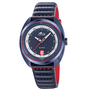 RELOJ LOTUS ANALÓGICO HOMBRE CAJA DE ACERO IP AZUL DE 39.5 ESFERA AZUL BLANCA Y ROJA. CORREA DE PIEL AZUL Y ROJO