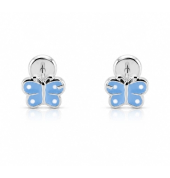 PENDIENTES NIÑA PLATA DE LEY 925 MARIPOSA ESMALTE AZUL 6 MILÍMETROS CIERRE ROSCA