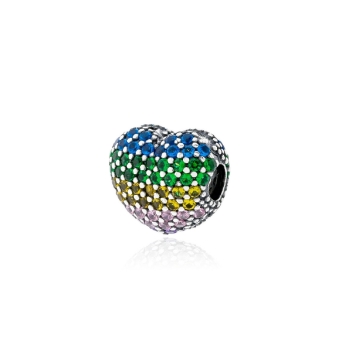 ABALORIO CHARM PLATA DE LEY 925 CORAZÓN CON CIRCONITAS VERDES AMARILLAS Y AZULES CIERRE CLIP