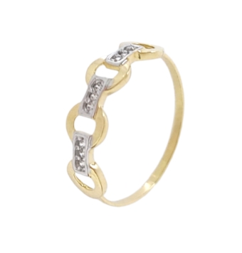 ANILLO MUJER ORO BICOLOR 18 KILATES DISEÑO CUATRO CIRCULOS BRILLO Y TRES BARRAS BLANCAS CON CIRCONITAS BLANCAS