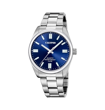 RELOJ CALYPSO ANALÓGICO HOMBRE CAJA ACERO 41 MILÍMETROS ESFERA AZUL CON INDICADORES LUMINISCENTES CRISTAL MINERAL CADENA DE A