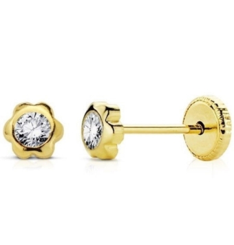 PENDIENTES NIÑA/BEBÉ ORO AMARILLO 9 KILATES FLOR 3 MILÍMETROS CON CIRCONITA BLANCA CIERRE TORNILLO