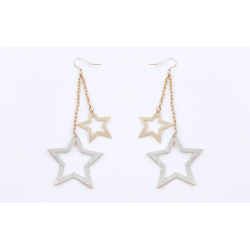 PENDIENTES JLO RODIO CHAPADO DORADO DOBLE ESTRELLA CON CADENA 4X10 CENTIMETROS CIERRE HIPPIE