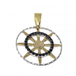 COLGANTE FORMA DE FLOR ORO BICOLOR CERCO ORO BLANCO CENTRO CIRCULO CON 26 CIRCONITAS NEGRAS 21