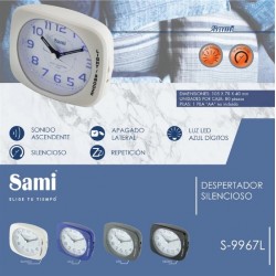 RELOJ DESPERTADOR OVALADO 7.5X10.5 CENTÍMETROS COLOR BLANCO SILENCIOSO CON REPETICIÓN Y LUZ