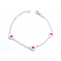 PULSERA NIÑA PLATA DE LEY 925 ROLÓ TRES FLORES ESMALTADO FUCSIA Y ROSA CIERRE MOSQUETÓN LARGO AJUSTABLE 15-18 CM