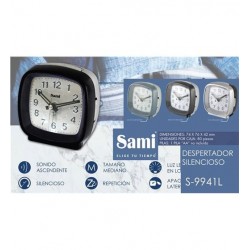 RELOJ DESPERTADOR SAMI 7X7.5 CENTÍMETROS COLOR NEGRO Y PLATA SILENCIOSO CON REPETICION SONIDO ASCENDENTE LUZ LED